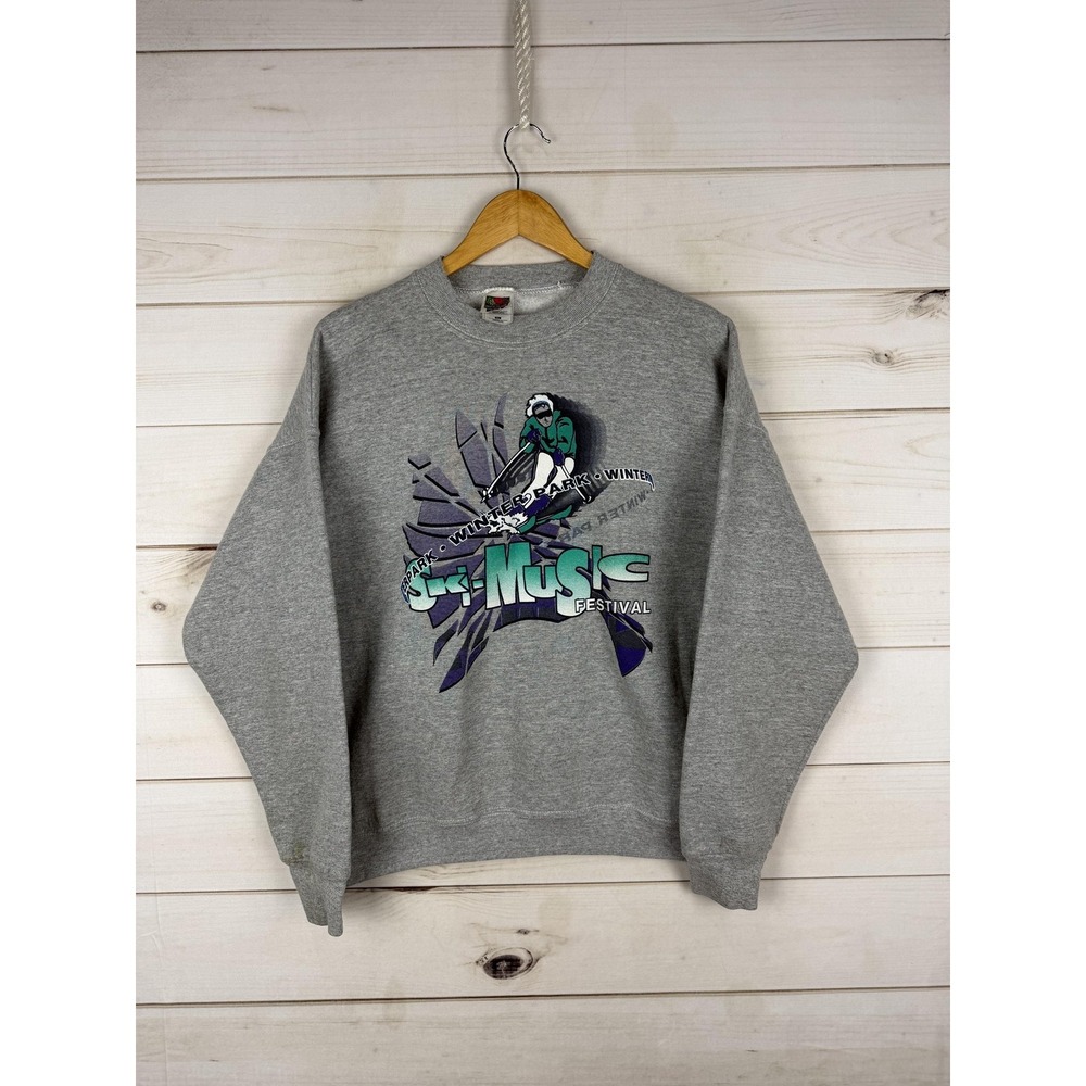 Vintage Fruit Of The Loom Sweatshirt Mens XL Gray Winter Park Ski Crewneck 90s